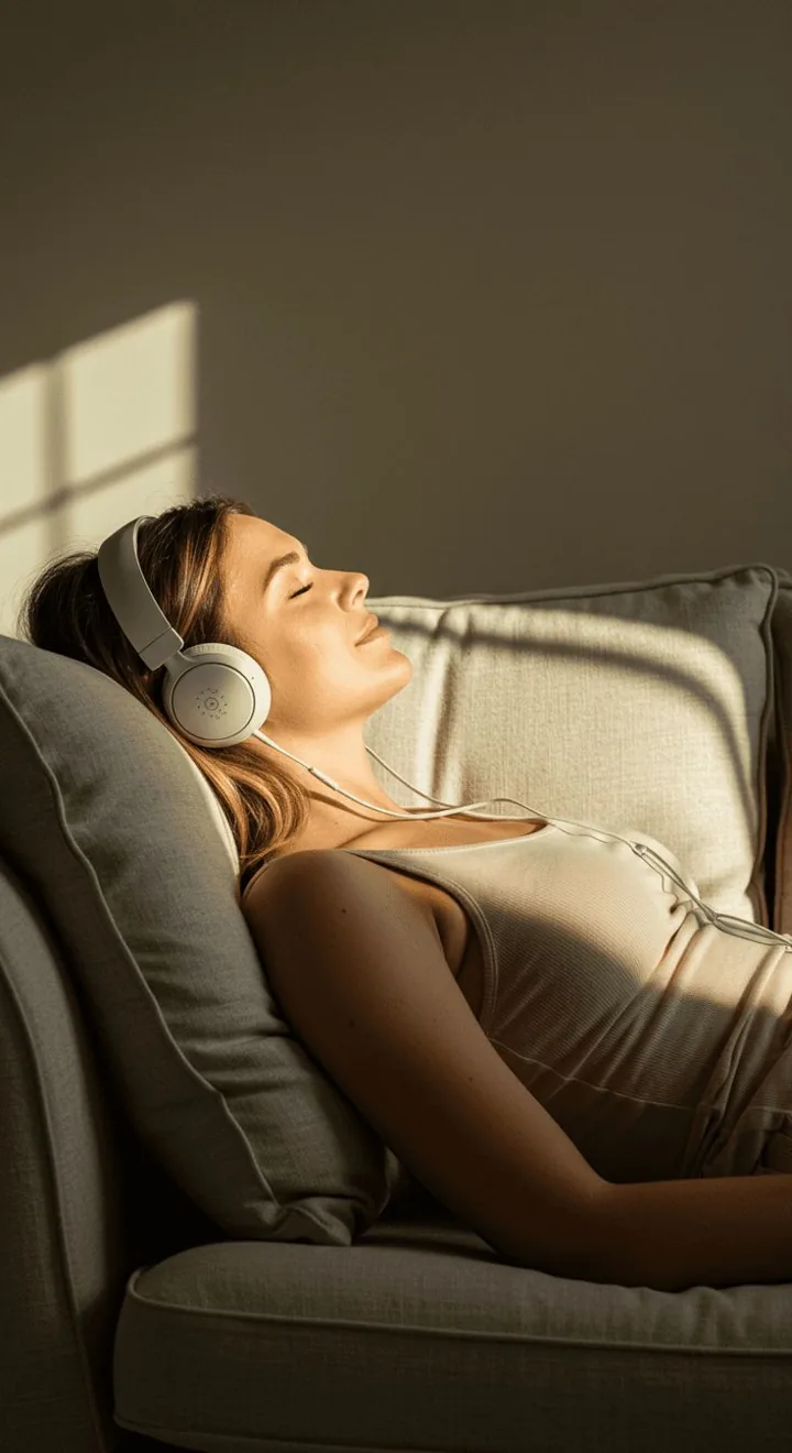 Mulher descansando com fones, em estado de integração